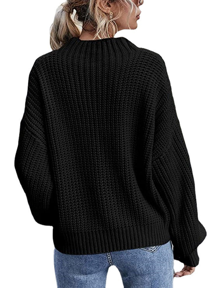 Damen Grobstrickpullover mit hohem Kragen und dekorativem Zopfmuster Drune