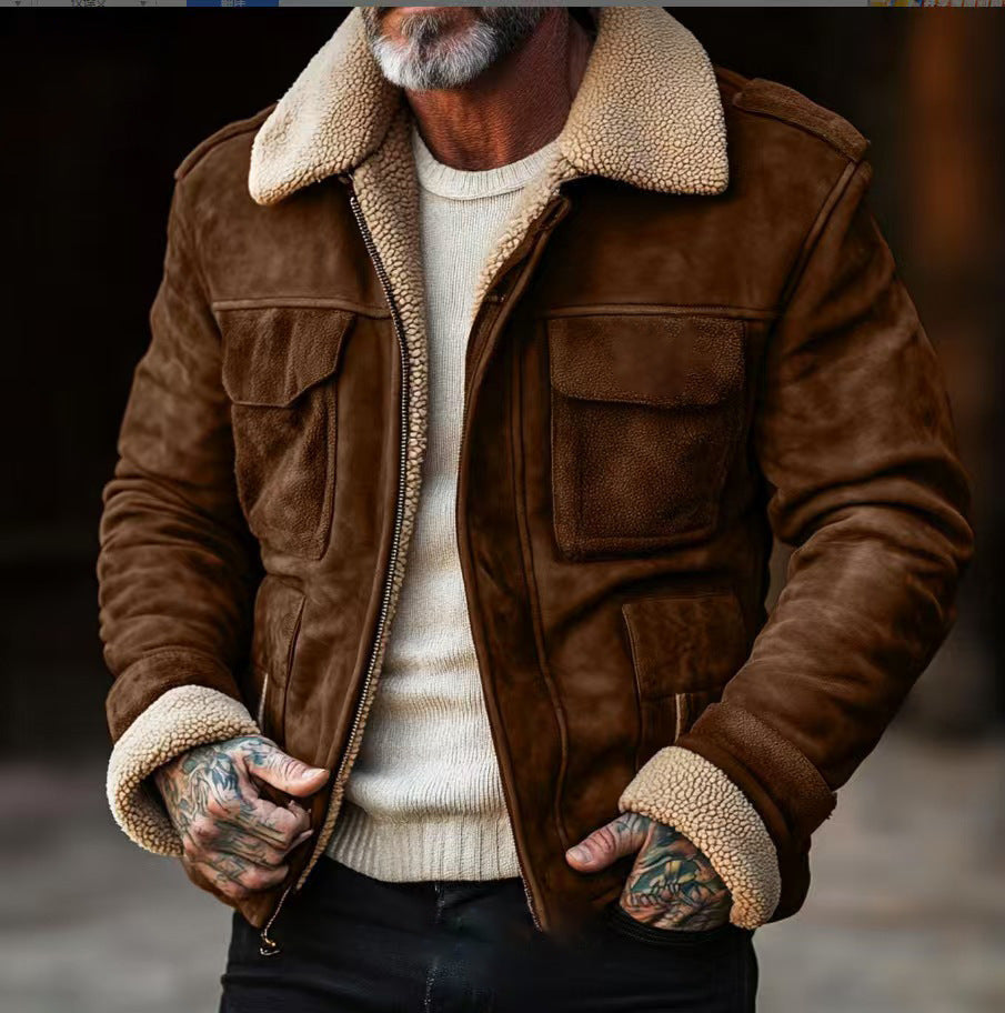 Herren Lederjacke mit warmem Sherpa-Futter und praktischen Taschen Drune