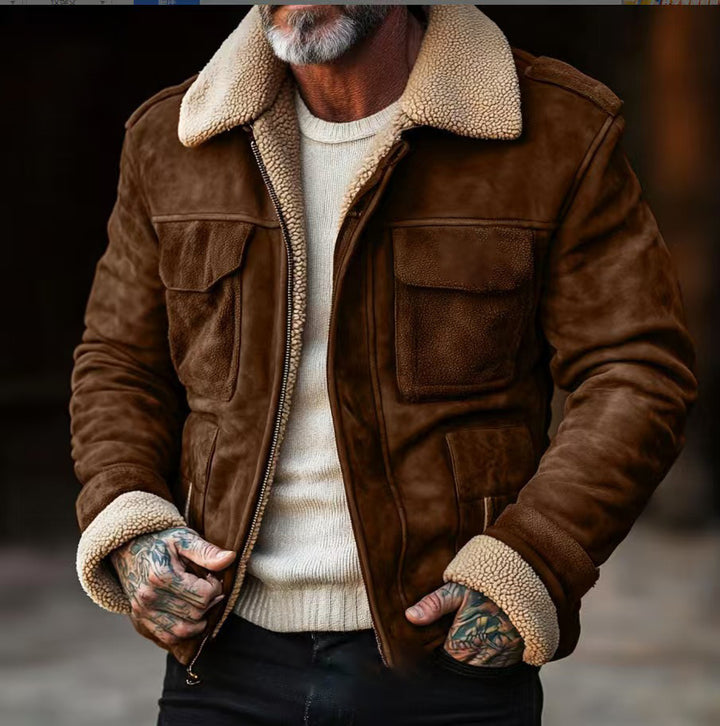 Herren Lederjacke mit warmem Sherpa-Futter und praktischen Taschen Drune