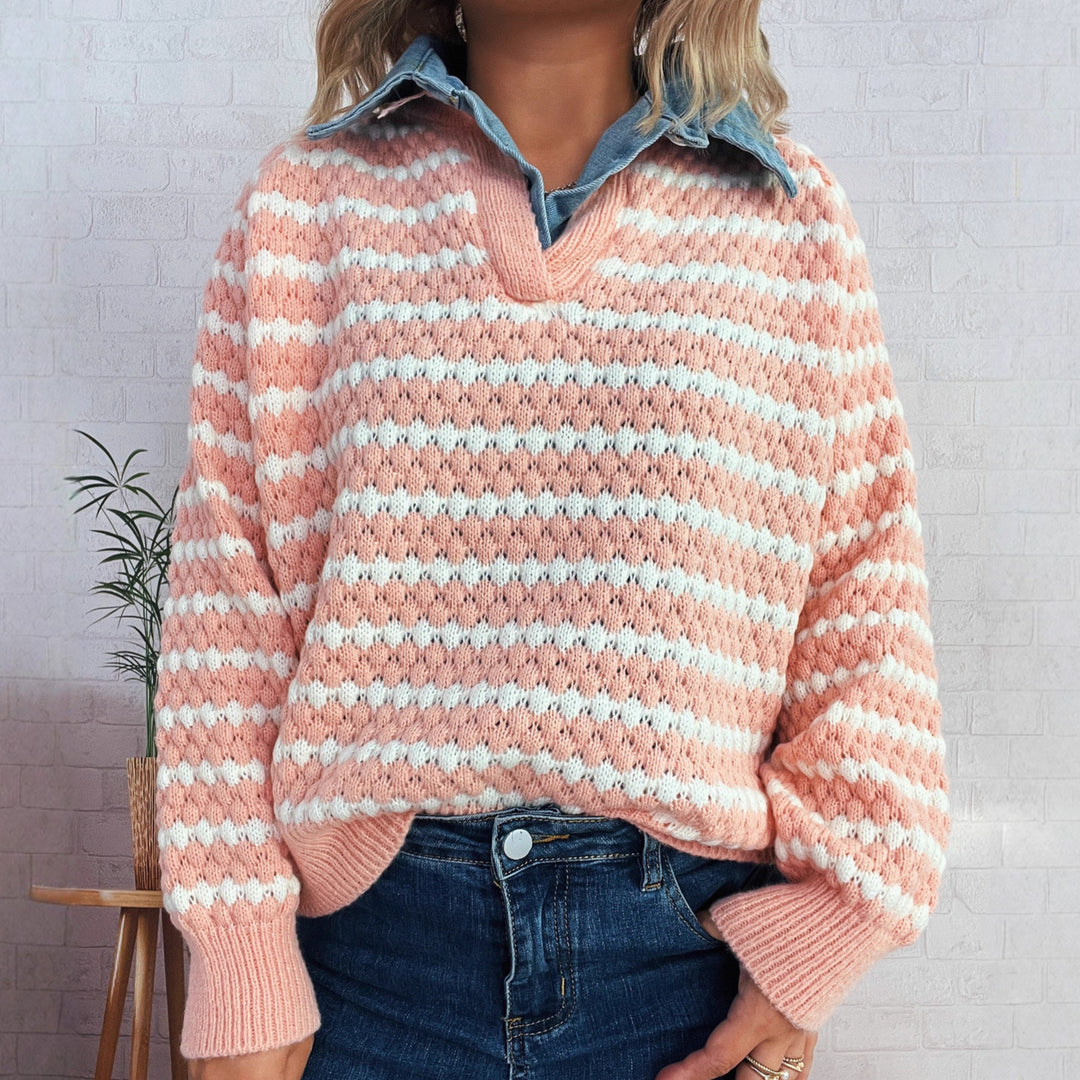 Damen Strickpullover mit tiefem V-Ausschnitt und markantem Streifenmuster Drune