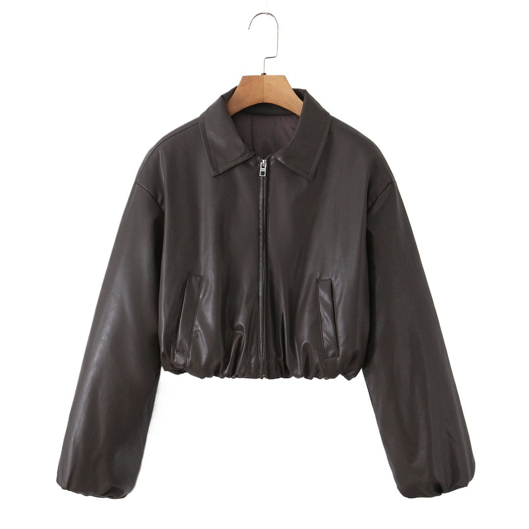 Damen cropped Kunstlederjacke mit elastischem Bund und klassischem Stehkragen Drune
