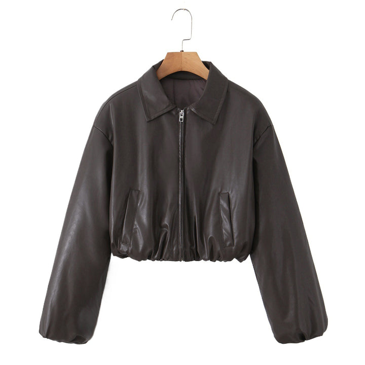 Damen cropped Kunstlederjacke mit elastischem Bund und klassischem Stehkragen Drune