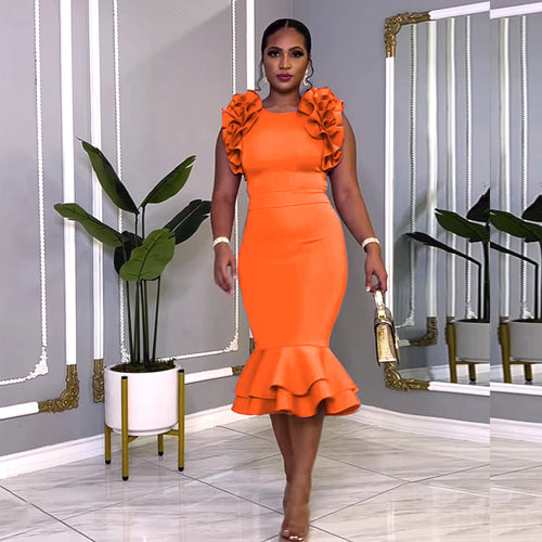 Damen figurbetontes Kleid mit voluminösen Rüschensäumen Drune