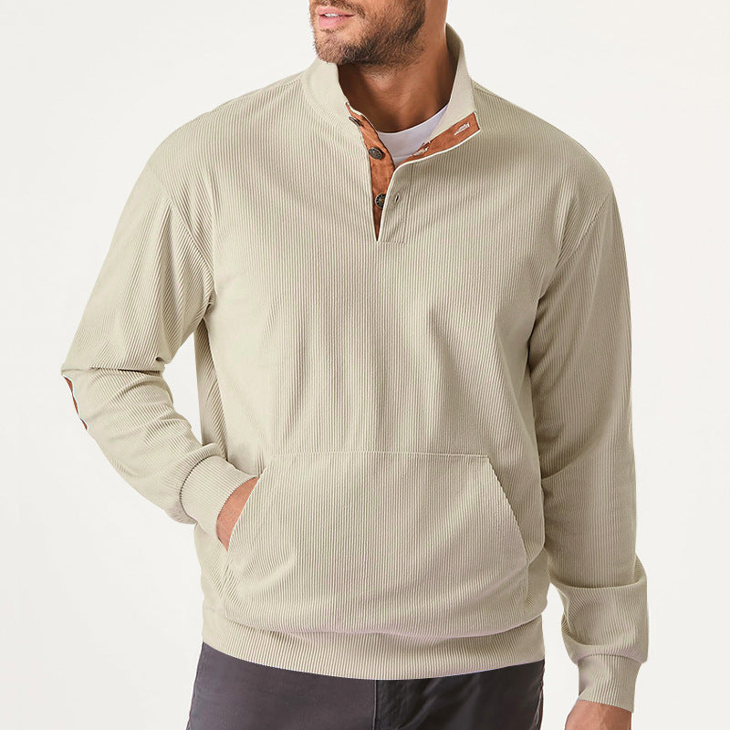 Herren nan geripptes Stehkragen-Sweatshirt mit Knopfleiste, Kängurutasche und Velours-Ellenbogenbesatz Drune