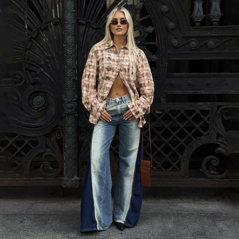 Damen Oversized Hemdbluse im lässigen Karomuster mit geschlitzten Ärmeln Drune