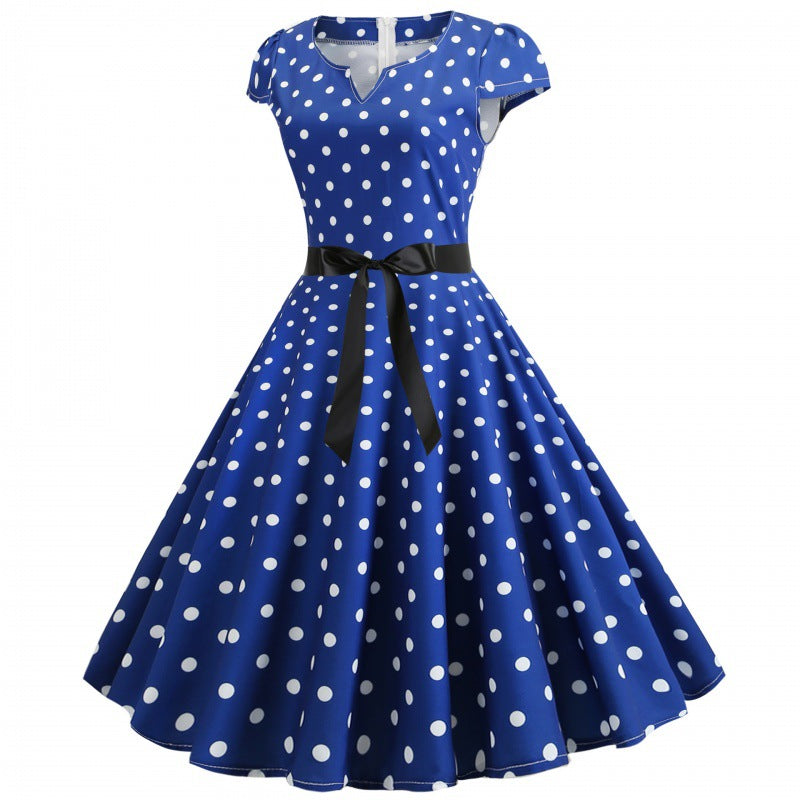 Damen Retro Swingkleid mit Punkten und Taillengürtel Drune