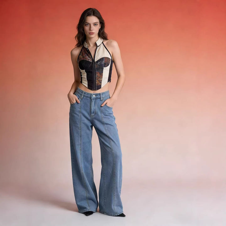 Damen Hoch taillierte weite Jeans mit raffinierten Nahtdetails Drune