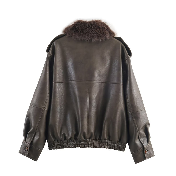 Damen elegante Lederjacke mit abnehmbarer Kunstfellkragen und praktischen Taschen Drune
