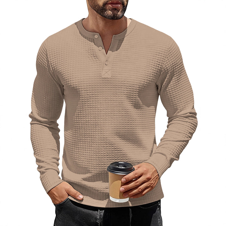 Herren nan strukturiertes Henley-Langarmshirt aus Waffelstrick mit Stehkragen und schmaler Silhouette Drune