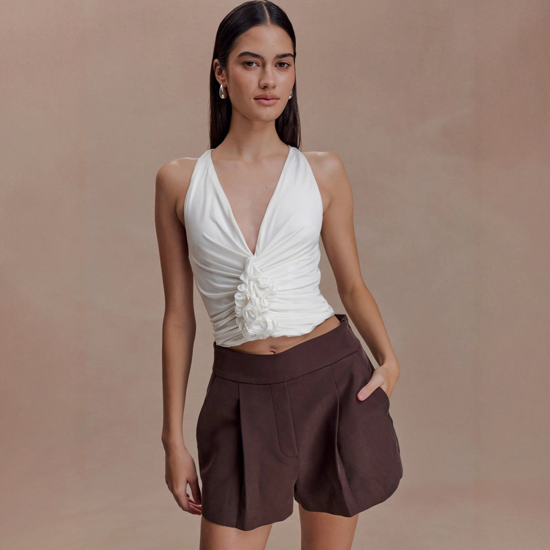 Damen Raffiniertes Top mit tiefem V-Ausschnitt und femininem Rüschendetail Drune