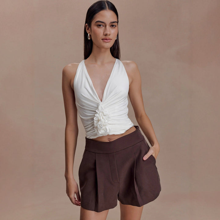 Damen Raffiniertes Top mit tiefem V-Ausschnitt und femininem Rüschendetail Drune