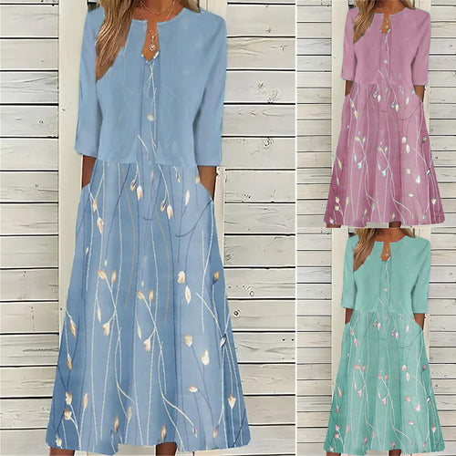 Damen luftiges Kleid mit floralem Design und praktischen Taschen Drune