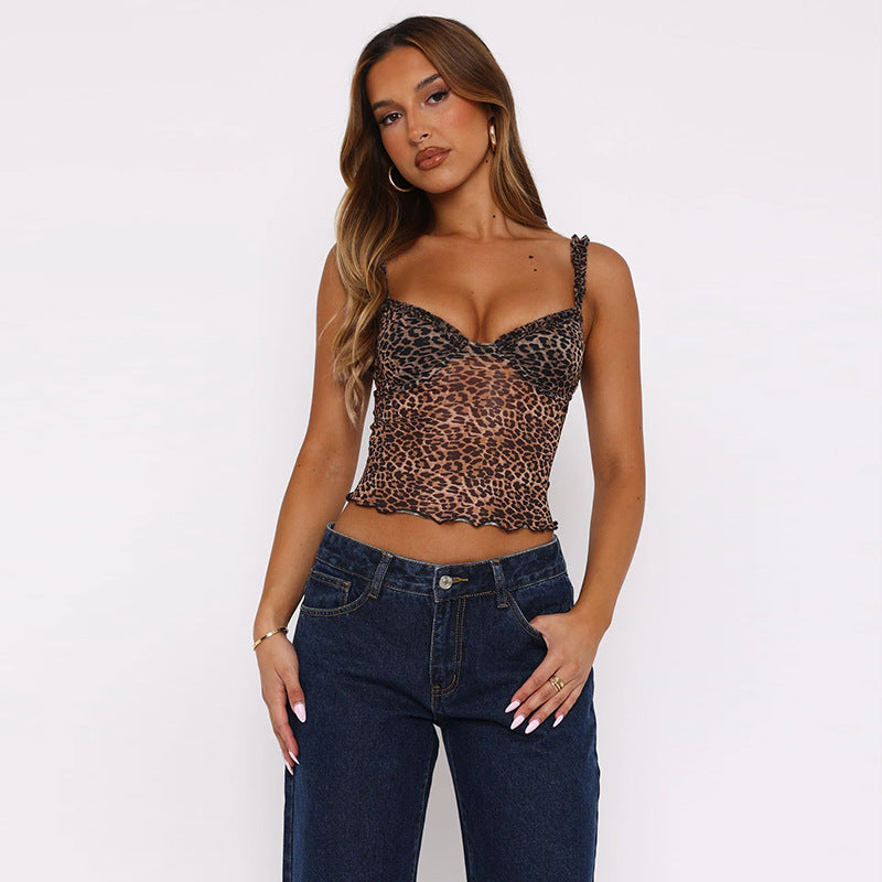 Damen verspieltes Spitzen-Crop-Top mit aufregendem Leopardenmuster Drune