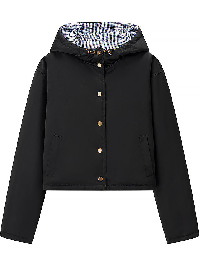 Damen stylische Übergangsjacke mit Kapuze und Druckknopfverschluss Drune