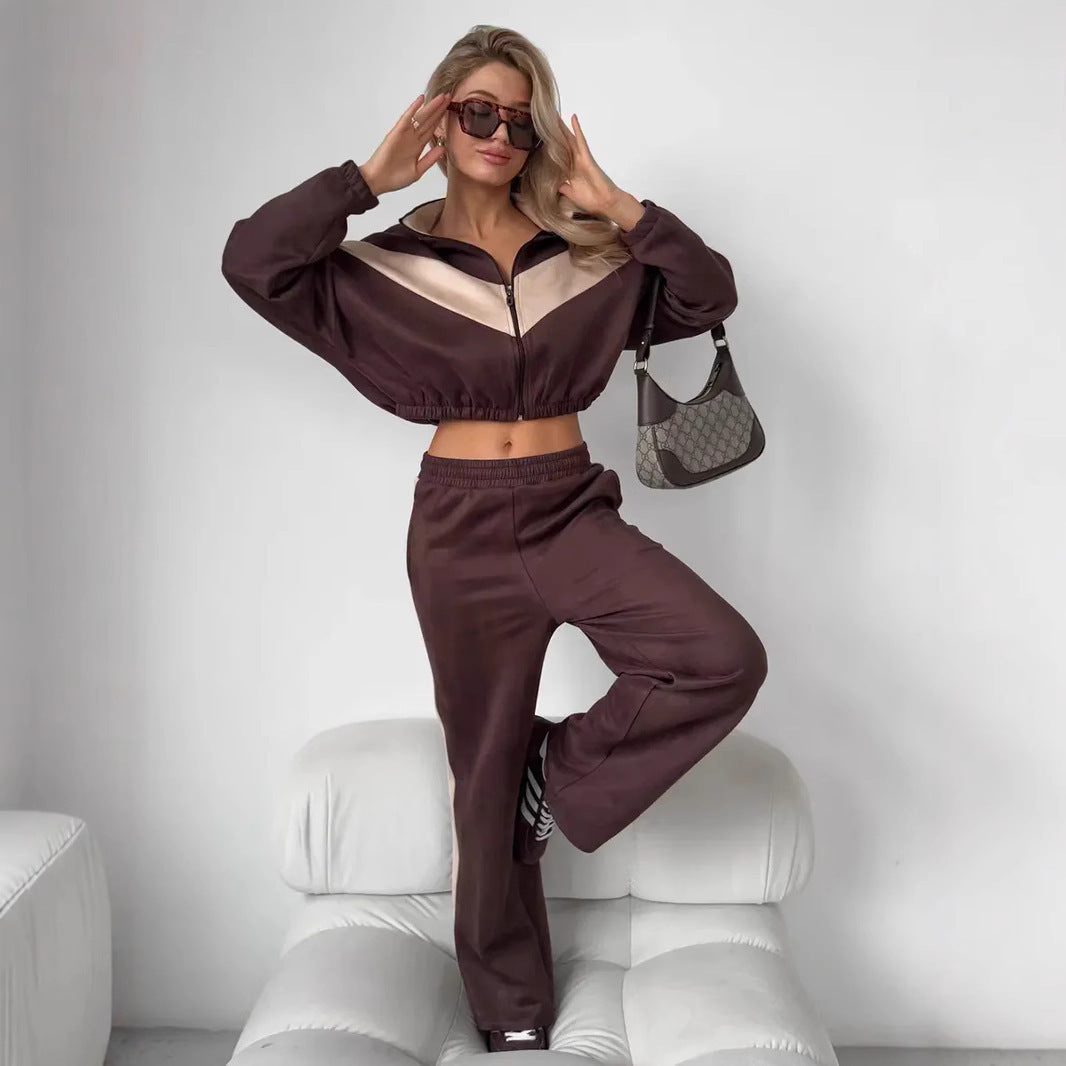 Damen modisches Sportanzug-Set mit cropped Jacke und weiten Hosen Drune