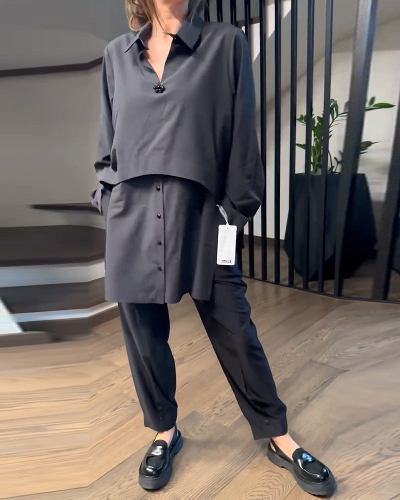 Damen Lässiger Zweiteiliger Anzug mit modischer Bluse und Hose Drune