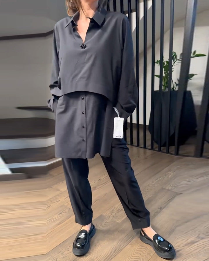 Damen Lässiger Zweiteiliger Anzug mit modischer Bluse und Hose Drune