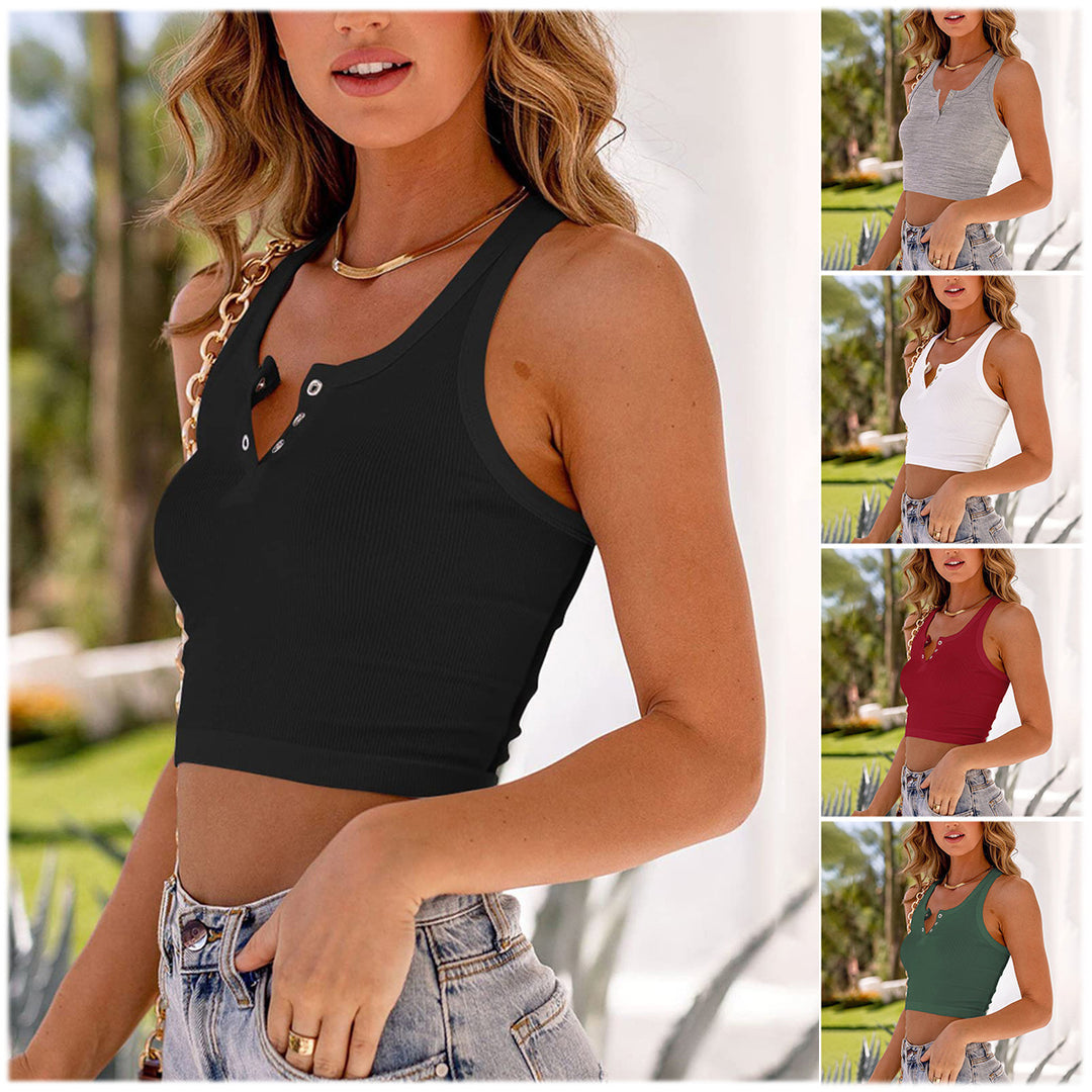Damen Kurzarm Tanktop mit Knopfdetails und Rippstruktur Drune