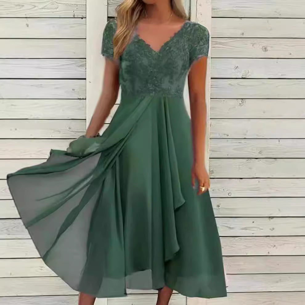 Damen Maxikleid mit elegantem Spitzeneinsatz und fließendem Rock Drune