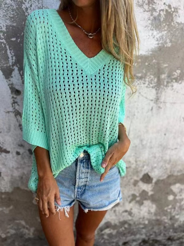 Damen nan luftig gestrickter V-Ausschnitt Pullover im Oversize-Schnitt Drune