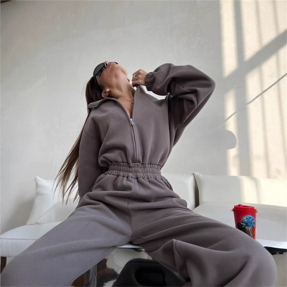 Damen sportliches Fleece-Set mit hohem Kragen und lockeren Hosen Drune