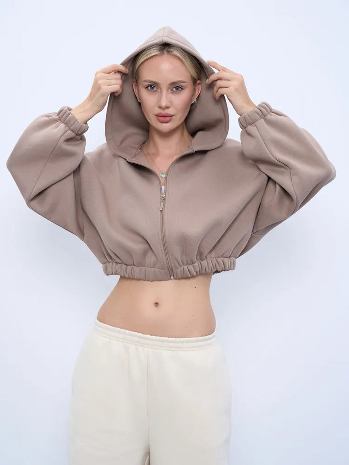 Damen cropped Kapuzenpullover mit voluminösen Ärmeln Drune