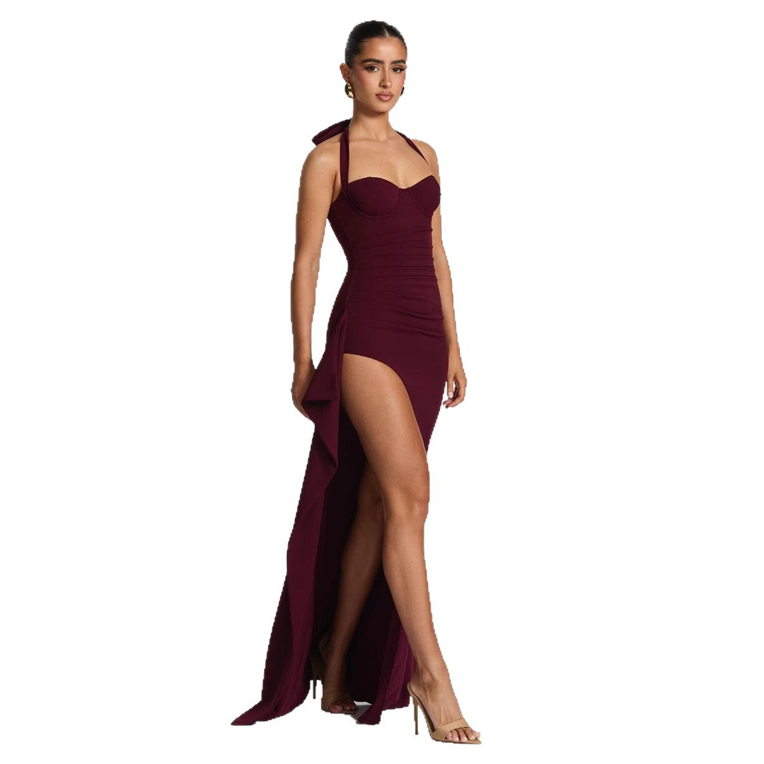 Damen Elegantes Kleid mit asymmetrischem Saum und schicker Nackenbindung Drune