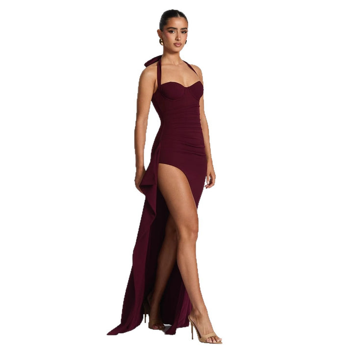 Damen Elegantes Kleid mit asymmetrischem Saum und schicker Nackenbindung Drune