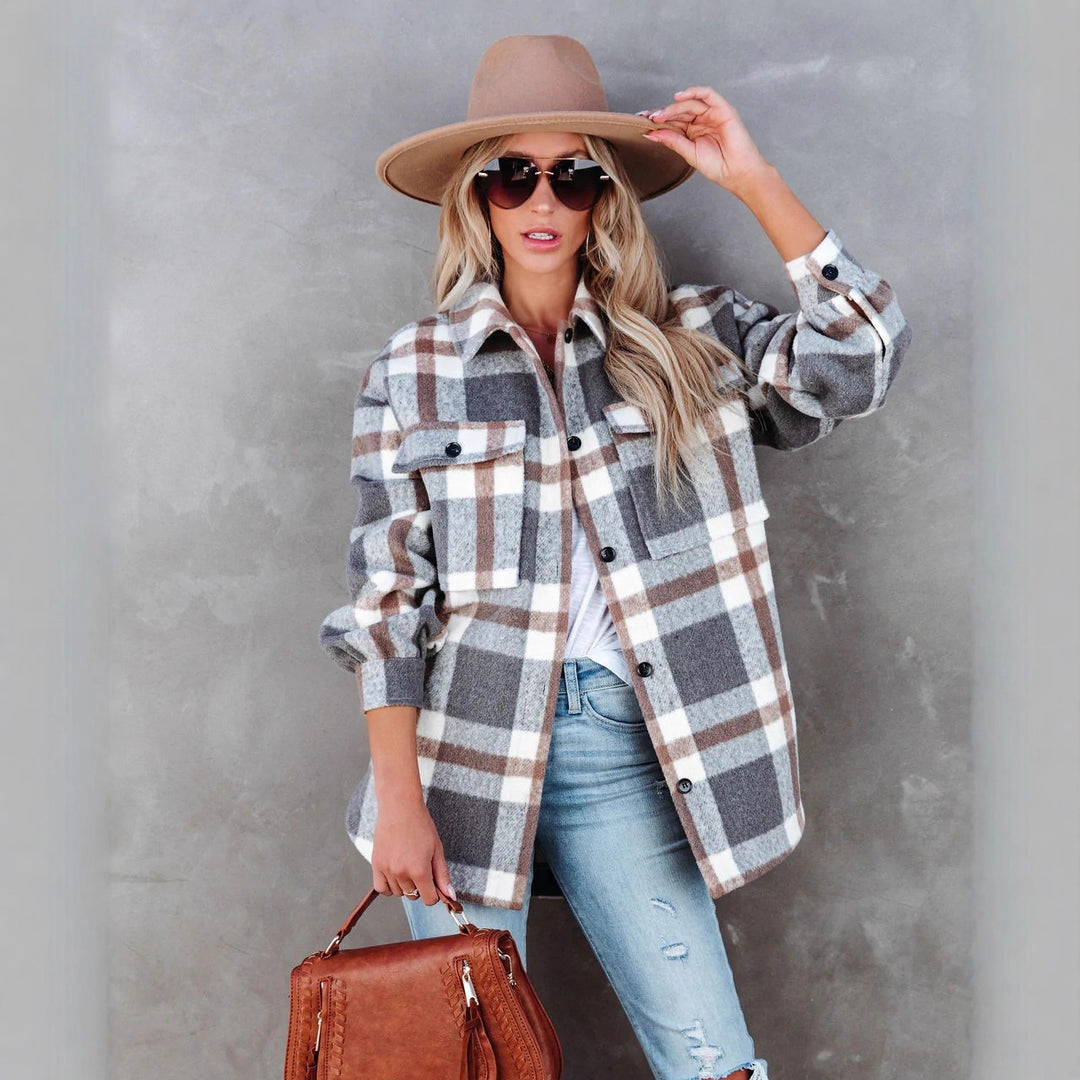 Damen Karierte Overshirtjacke mit lässigem Schnitt und Taschen Drune