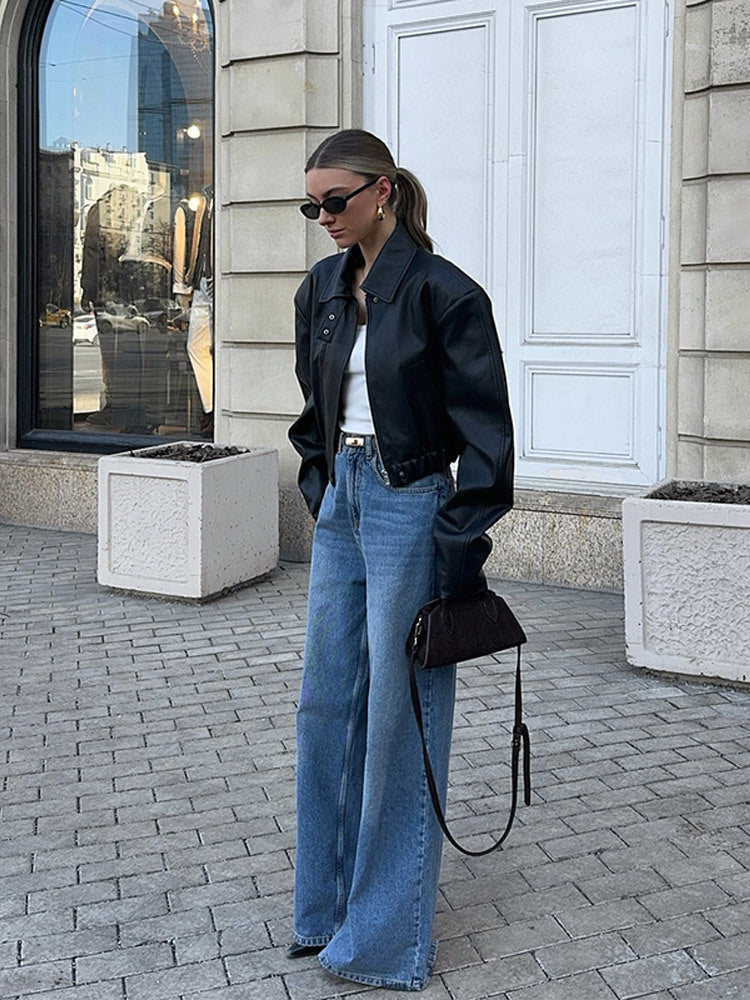 Damen modische Lederjacke mit oversized Passform Drune