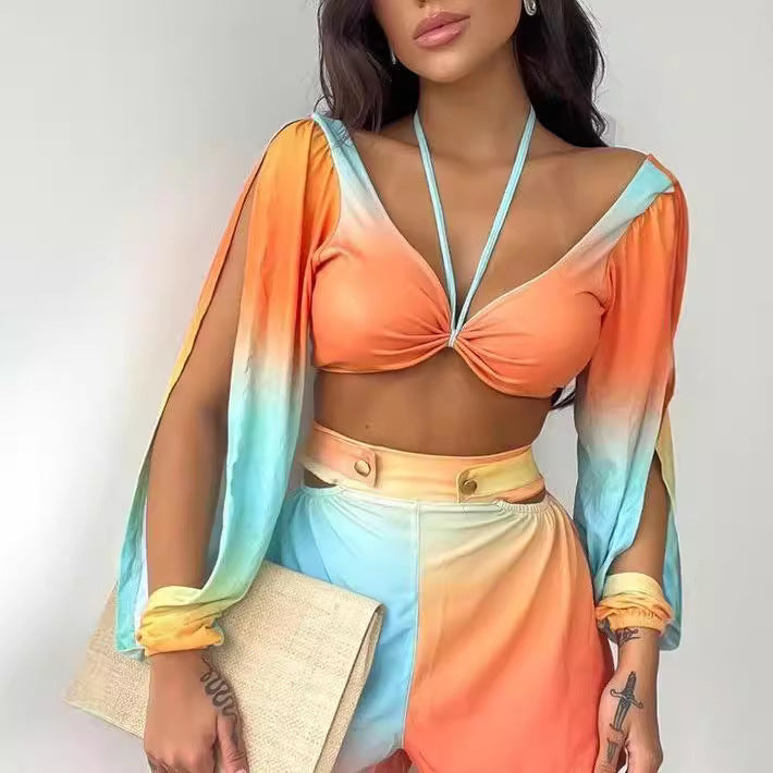 Damen cropped Top mit schulterfreien Ärmeln und farbverlaufendem Design Drune