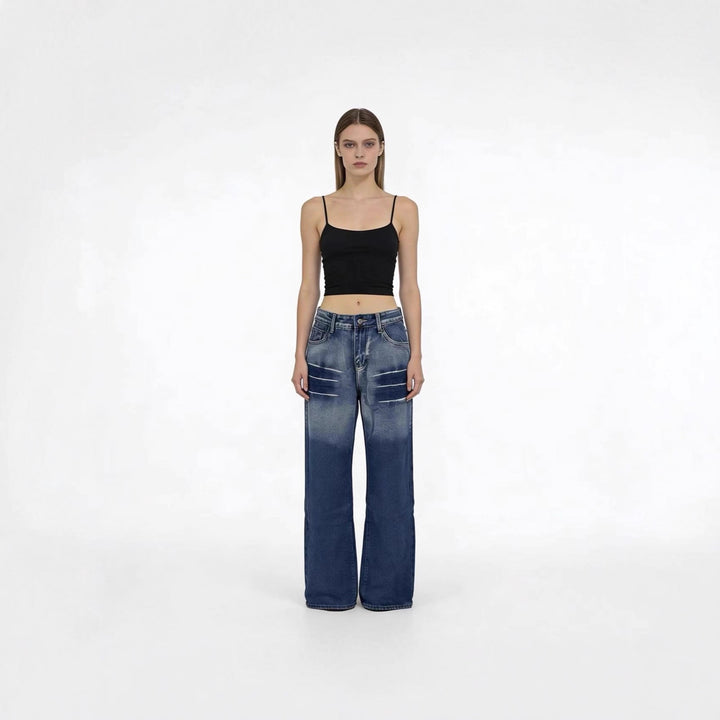 Damen weite hochgeschnittene Jeans mit besonderem Waschungseffekt Drune