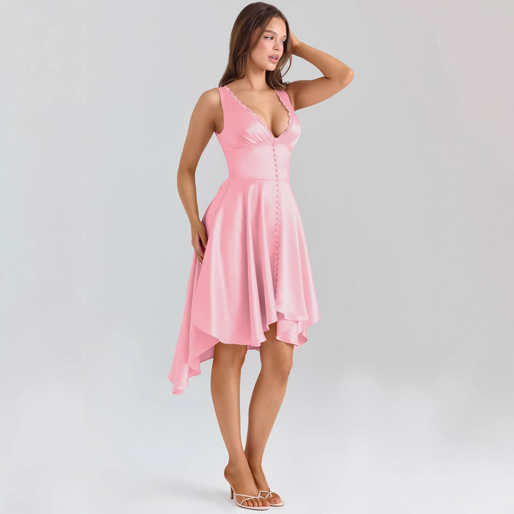 Damen Verspieltes Abendkleid mit asymmetrischem Saum und zarten Knopfdetails Drune