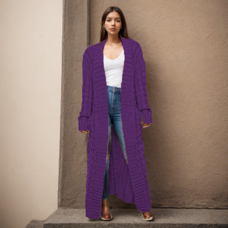 Damen langen Strickcardigan mit hochwertigem Zopfmuster Drune