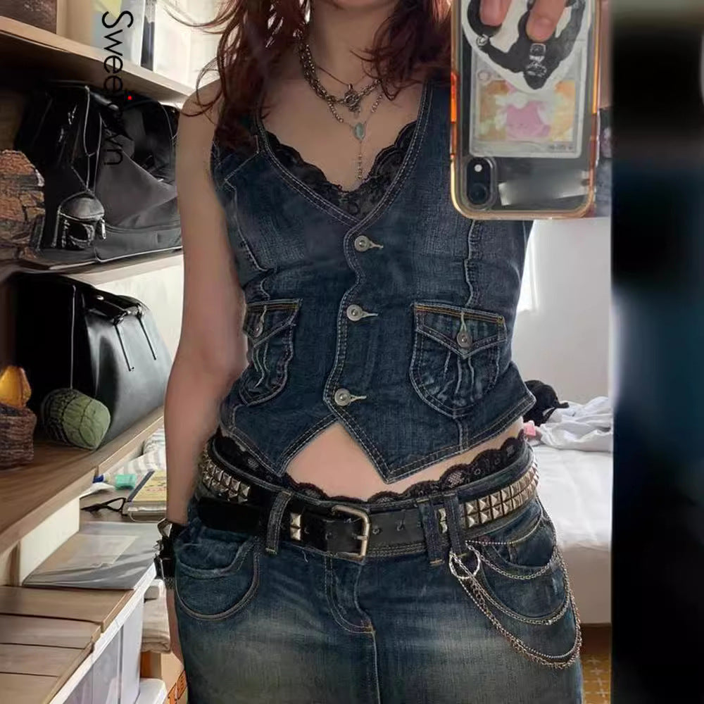 Damen Denim-Bustierjacke mit nostalgischem Spitzeneinsatz und dekorativen Knopfdetails Drune