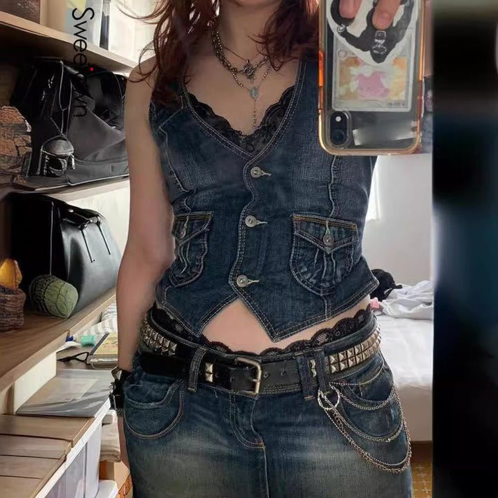 Damen Denim-Bustierjacke mit nostalgischem Spitzeneinsatz und dekorativen Knopfdetails Drune