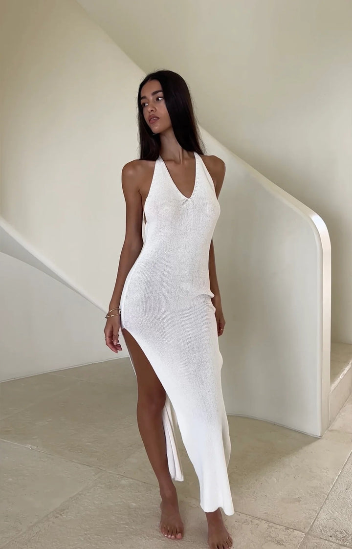 Damen Elegantes Strick-Maxikleid mit hohem Schlitz Drune