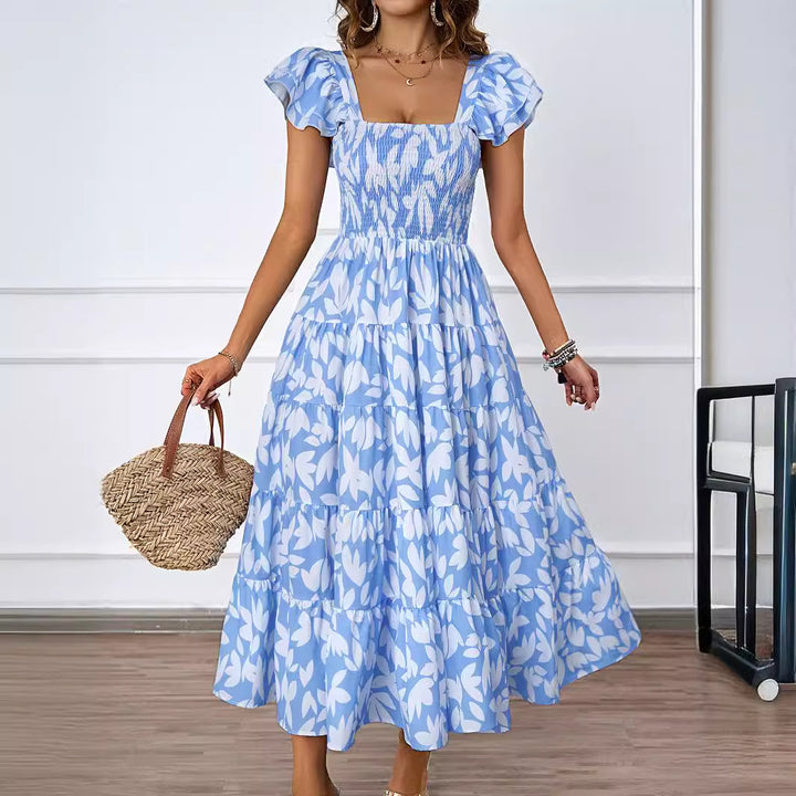 Damen Maxi-Kleid mit voluminösen Puffärmeln und gerafftem Oberteil Drune