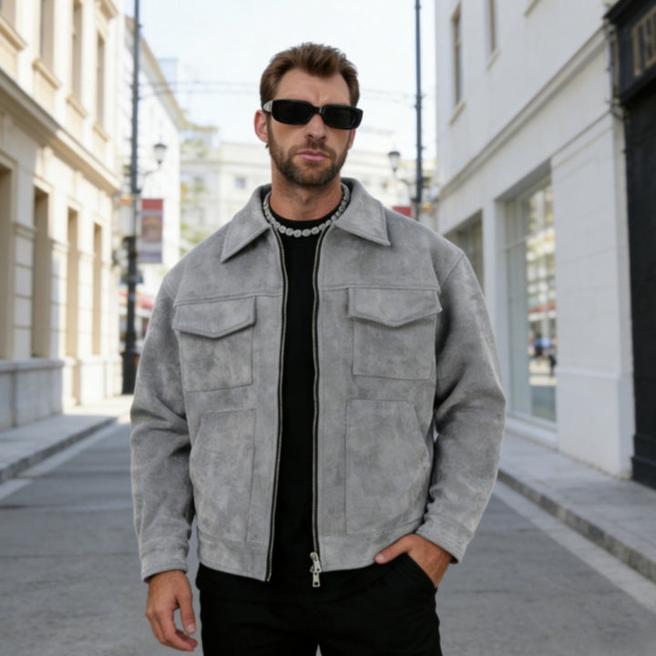 Herren nan oversized Velourslederjacke mit Reißverschluss, Hemdkragen und aufgesetzten Pattentaschen Drune