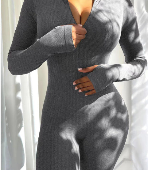 Damen nan figurbetonter Ripp-Jumpsuit mit hohem Halsausschnitt, langem Arm und sculptender Nahtführung Drune