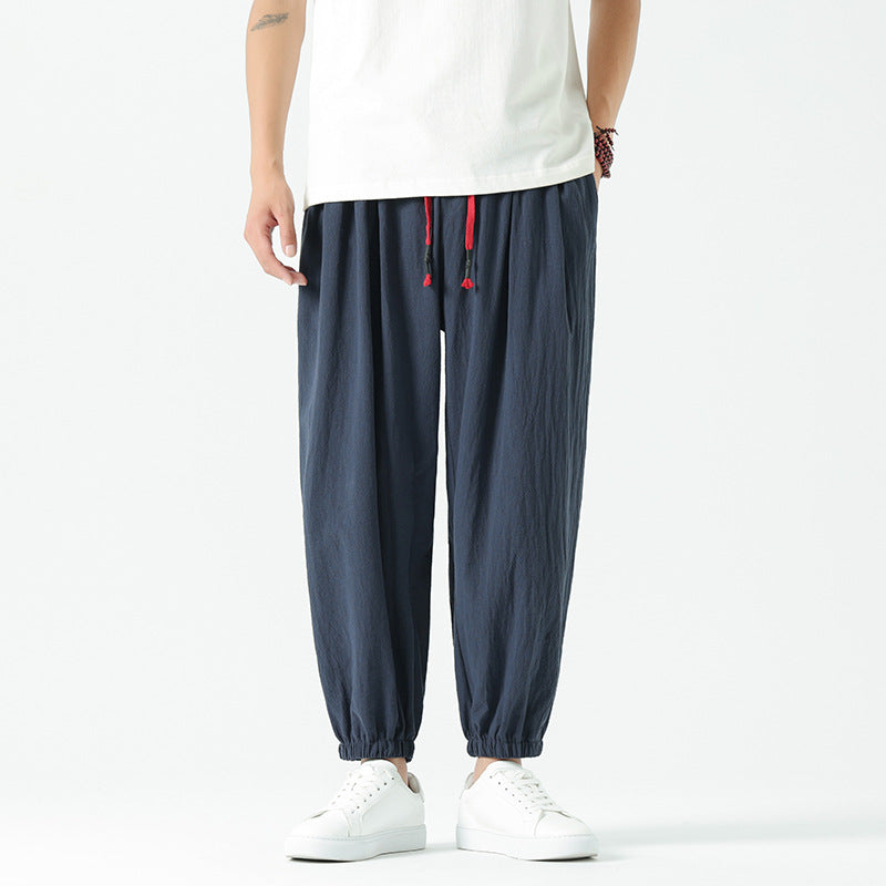 Herren nan locker geschnittene Leinen-Baumwoll Hose mit Kordelzug und elastischen Bündchen Drune