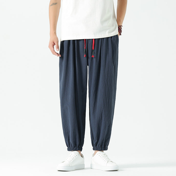 Herren nan locker geschnittene Leinen-Baumwoll Hose mit Kordelzug und elastischen Bündchen Drune