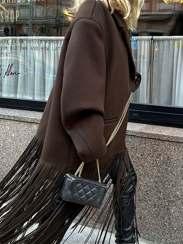 Damen Oversized Mantel mit Fransen Drune