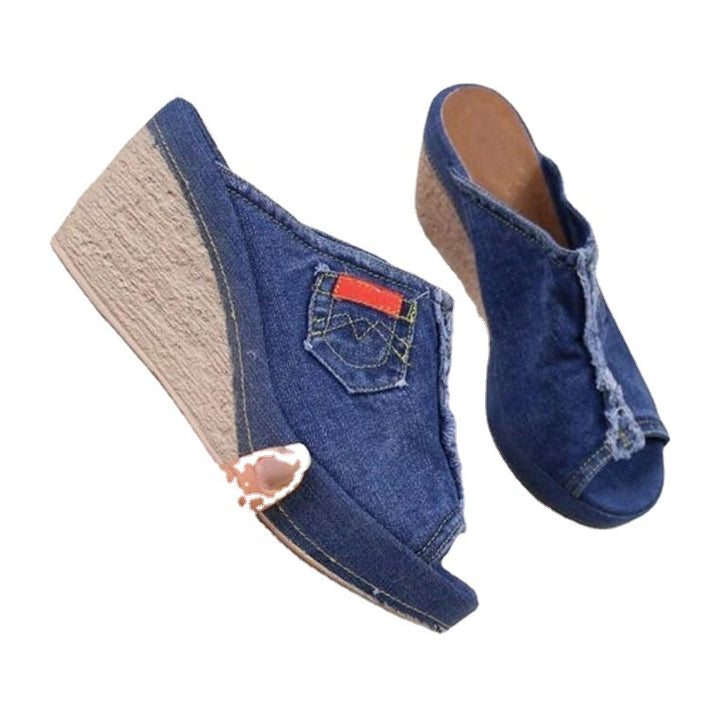 Damen nan Jeans-Pantolette mit offener Zehenpartie, fransigem Saum und Bastkeilabsatz Drune