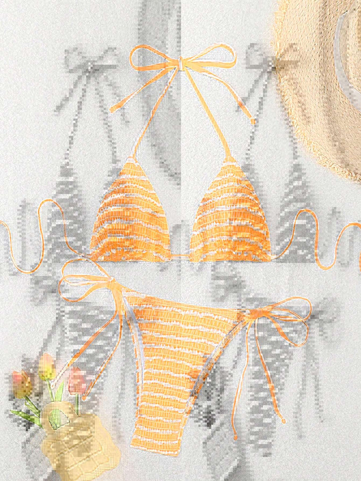 Damen Triangel-Bikini mit feinem Streifenmuster und raffinierten Bindebändern Drune