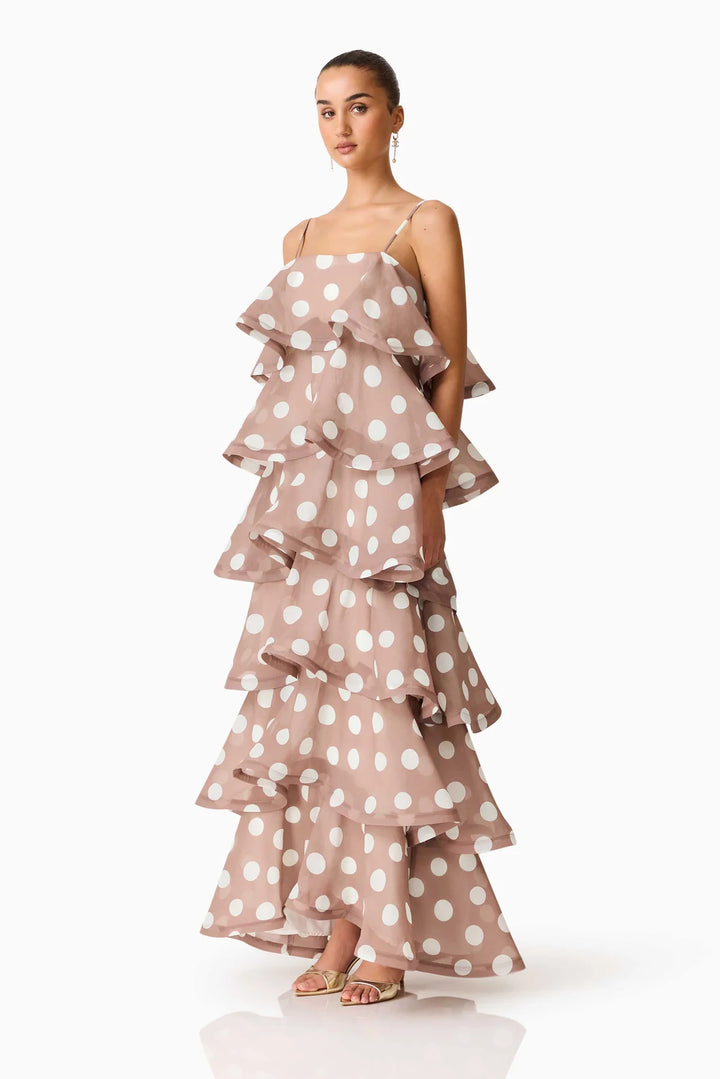 Damen Maxikleid mit verspielten Rüschen und Punkten Drune