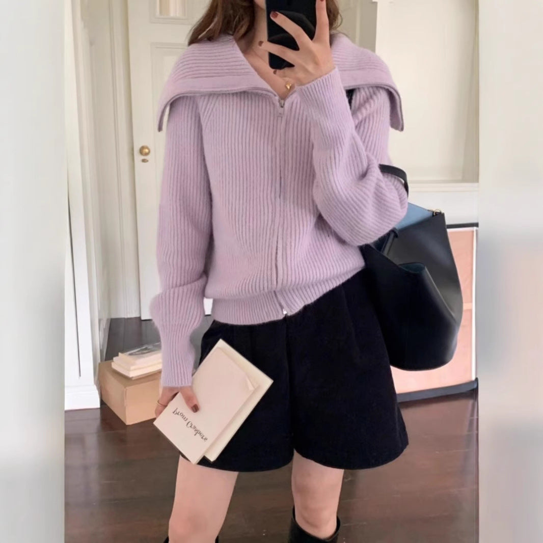 Damen gemütlicher Strickjacke mit offener Front und modischem Kragen Drune