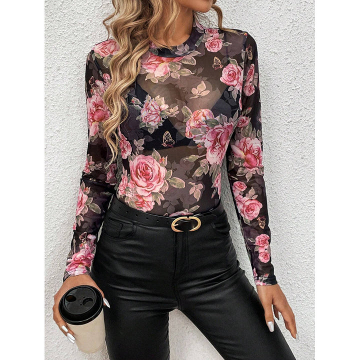 Damen Transparente Bluse mit floralen Details und langem Arm Drune