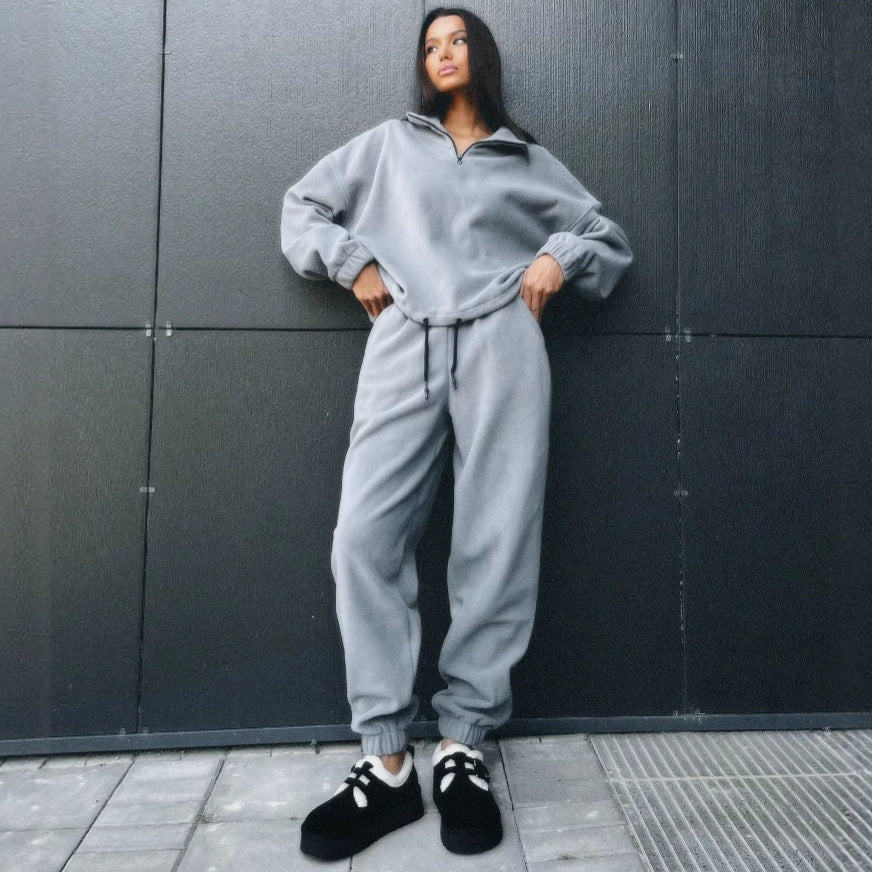 Damen Fleece-Loungewear-Set mit hohem Kragen und Reißverschluss Drune