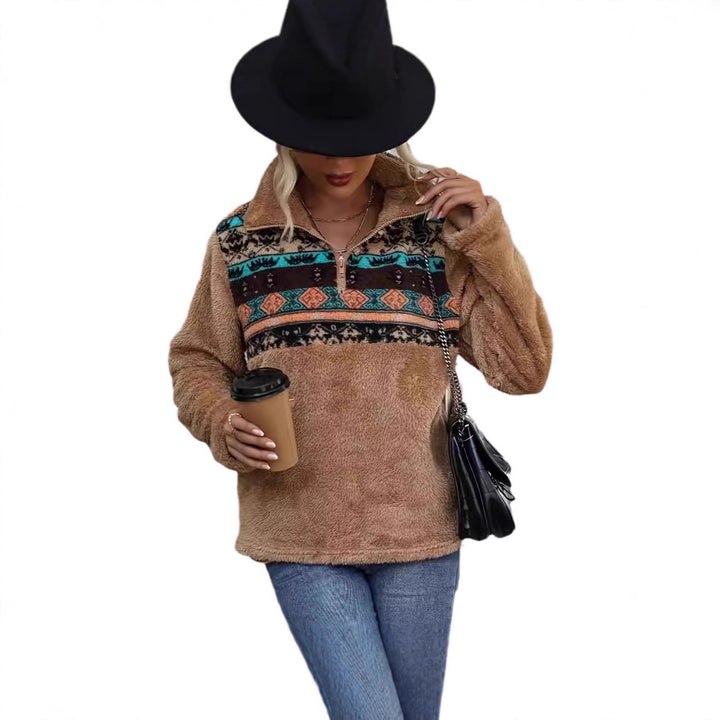 Damen kuschelige Fleece-Pullover mit modischem Reißverschluss und Farbdesign Drune